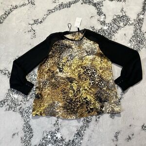 Mango Shirt Womens Sz 10 gold black animal baroque print body solid black